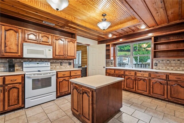 2480 N Saint Andrews Dr, Kansas, OK 74347 - kitchen with white appliances, wood ceiling, open shelves, decorative backsplash, and light tile patterned floors