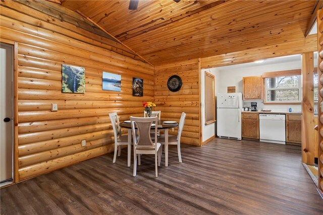 2480 N Saint Andrews Dr, Kansas, OK 74347 - dining space featuring vaulted ceiling, dark wood-style flooring, wooden ceiling, and log walls
