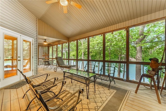 47 Rath Dr, Bella Vista, AR 72715 - unfurnished sunroom with french doors, a ceiling fan, vaulted ceiling, a wooden deck, and wooden ceiling