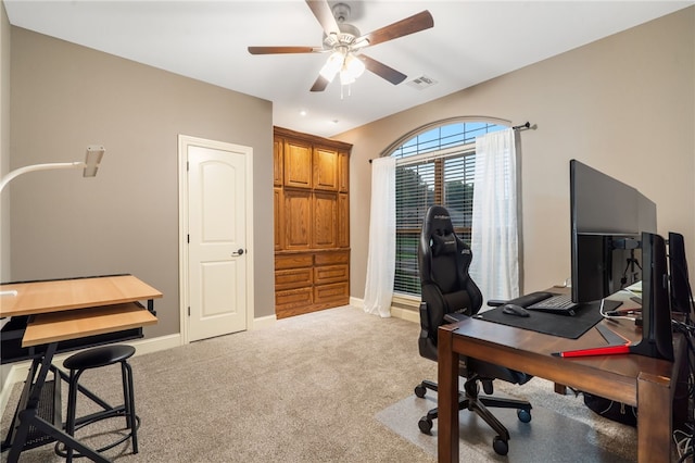 22704 Oakview Rd, Siloam Springs, AR 72761 - home office featuring a ceiling fan, light carpet, and baseboards