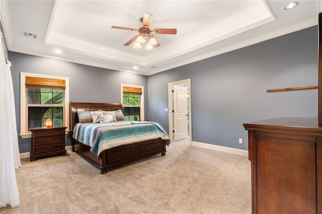 22704 Oakview Rd, Siloam Springs, AR 72761 - bedroom featuring a tray ceiling, light carpet, baseboards, recessed lighting, and ornamental molding