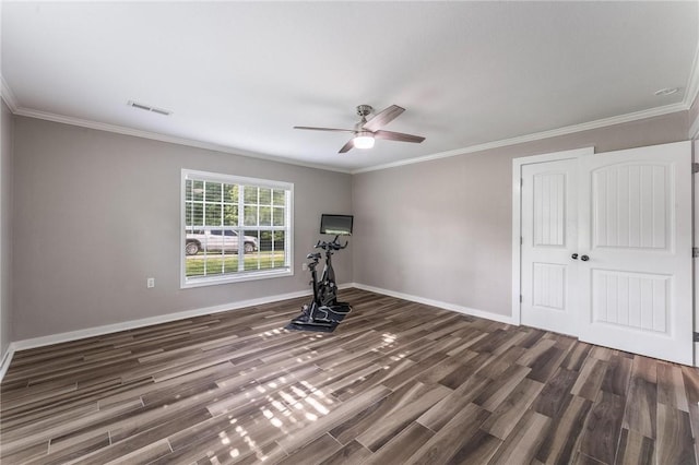 2182 Shumate, Springdale, AR 72762 - exercise room with wood finished floors, ceiling fan, baseboards, and crown molding