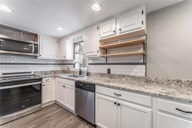 2182 Shumate, Springdale, AR 72762 - kitchen with stainless steel appliances, a sink, white cabinets, decorative backsplash, and recessed lighting