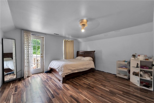 320 S Pleasant St, Springdale, AR 72764 - bedroom featuring vaulted ceiling, access to exterior, wood finished floors, and ceiling fan