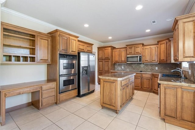 4204 Warbal Trl, Rogers, AR 72758 - kitchen with stainless steel appliances, brown cabinetry, a kitchen island, open shelves, and a sink