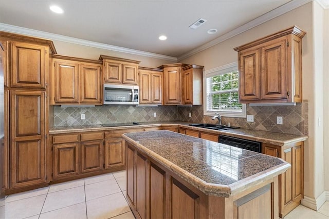 4204 Warbal Trl, Rogers, AR 72758 - kitchen featuring black appliances, a sink, tile countertops, brown cabinetry, and a center island