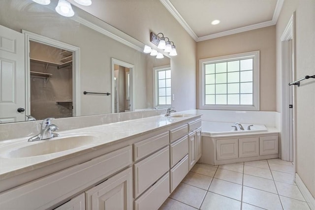 4204 Warbal Trl, Rogers, AR 72758 - full bath featuring double vanity, tile patterned flooring, a bath, ornamental molding, and a walk in closet