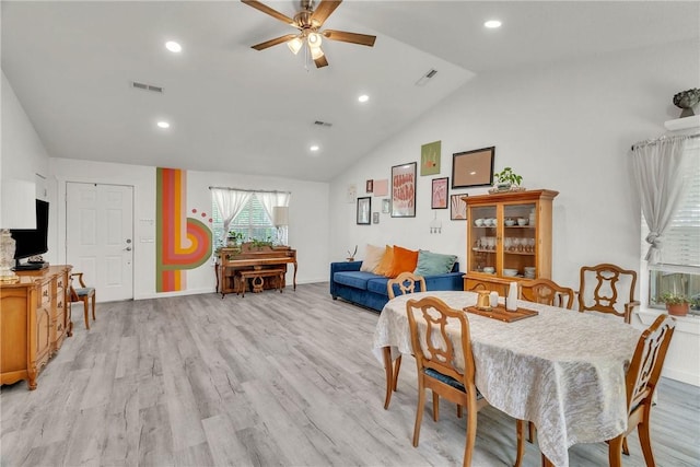 20640 Hillcrest Dr, Springdale, AR 72764 - dining room featuring a ceiling fan, light wood finished floors, recessed lighting, and high vaulted ceiling