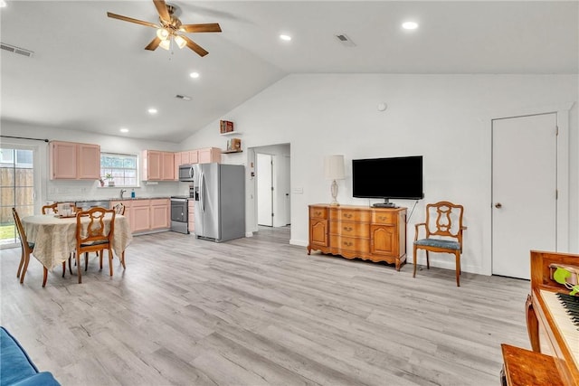 20640 Hillcrest Dr, Springdale, AR 72764 - living area featuring ceiling fan, light wood-style floors, recessed lighting, high vaulted ceiling, and baseboards