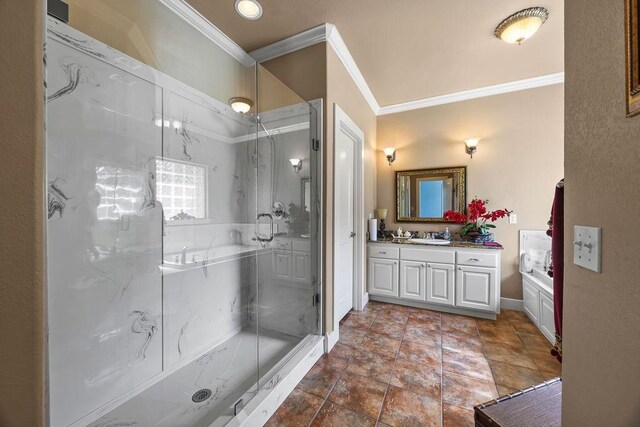 815 James Pl, West Fork, AR 72774 - bathroom with ornamental molding, vanity, a stall shower, a garden tub, and baseboards
