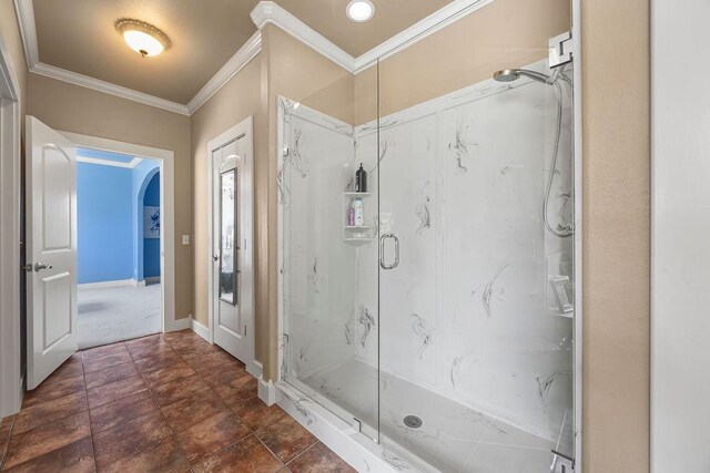 815 James Pl, West Fork, AR 72774 - full bathroom with crown molding, a marble finish shower, and baseboards