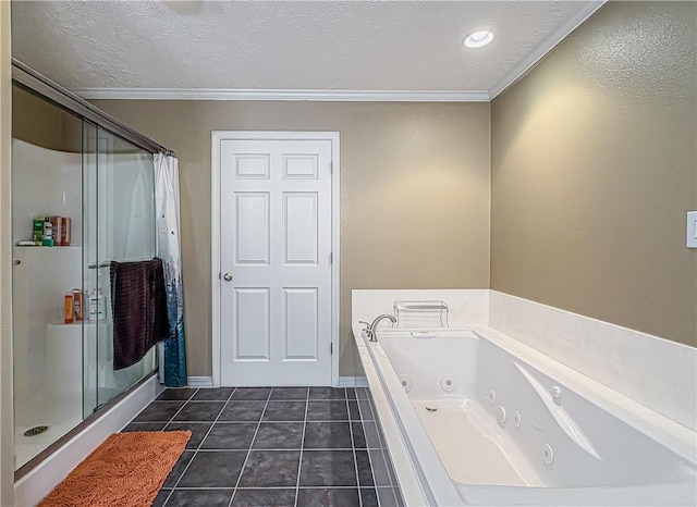 8754 N 7th Hwy, Harrison, AR 72601 - bathroom featuring ornamental molding, a shower stall, a jetted tub, tile patterned flooring, and a textured ceiling