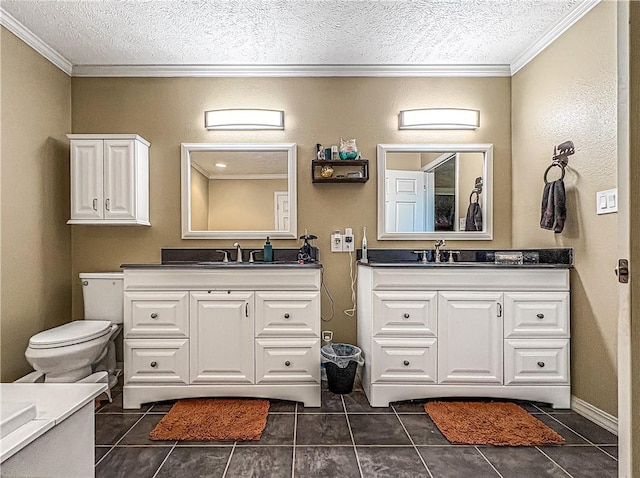 8754 N 7th Hwy, Harrison, AR 72601 - full bath with two vanities, crown molding, tile patterned flooring, a textured ceiling, and toilet
