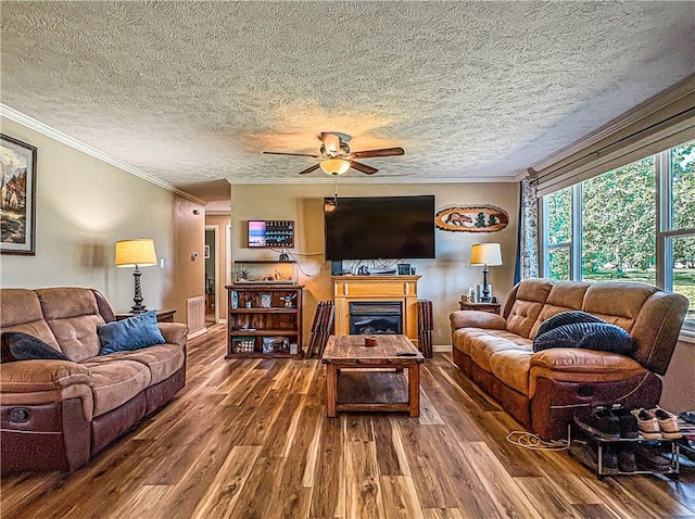8754 N 7th Hwy, Harrison, AR 72601 - living room featuring crown molding, wood finished floors, a fireplace, ceiling fan, and a textured ceiling
