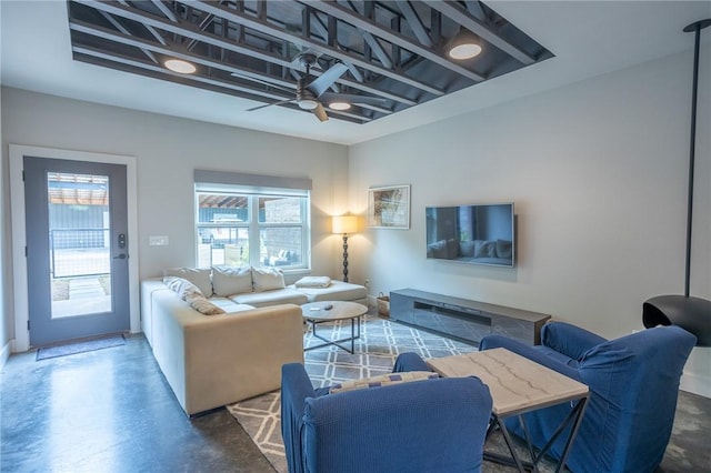 808 S Locust Ave, Fayetteville, AR 72701 - living room featuring ceiling fan and concrete floors
