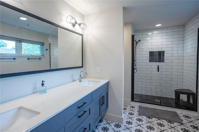 808 S Locust Ave, Fayetteville, AR 72701 - bathroom with double vanity, a stall shower, recessed lighting, and tile patterned flooring
