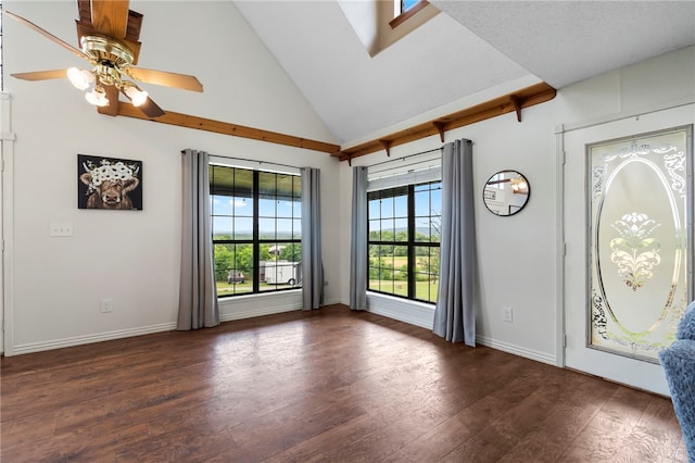 13004 Canehill Rd, Lincoln, AR 72744 - foyer entrance featuring wood finished floors, baseboards, high vaulted ceiling, and ceiling fan