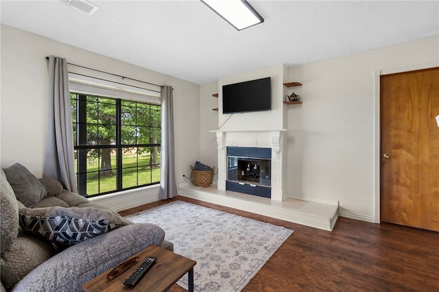 13004 Canehill Rd, Lincoln, AR 72744 - living area featuring a glass covered fireplace, wood finished floors, baseboards, and a textured ceiling