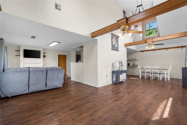 13004 Canehill Rd, Lincoln, AR 72744 - living area with high vaulted ceiling, a ceiling fan, and wood finished floors