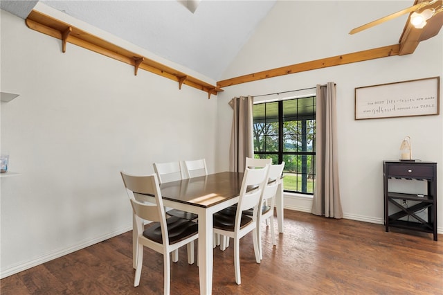 13004 Canehill Rd, Lincoln, AR 72744 - dining room with wood finished floors, baseboards, a ceiling fan, and high vaulted ceiling