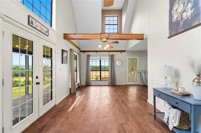 13004 Canehill Rd, Lincoln, AR 72744 - foyer with a high ceiling, ceiling fan, french doors, wood finished floors, and baseboards