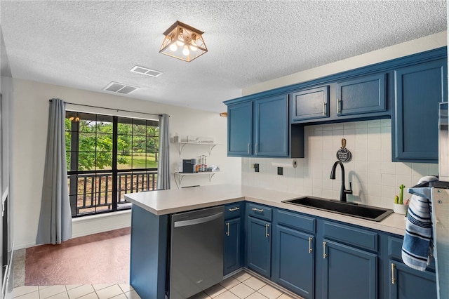 13004 Canehill Rd, Lincoln, AR 72744 - kitchen with dishwasher, a sink, a peninsula, blue cabinets, and light countertops