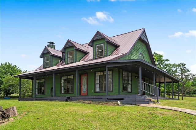13004 Canehill Rd, Lincoln, AR 72744 - farmhouse featuring a porch, a front yard, metal roof, and a chimney