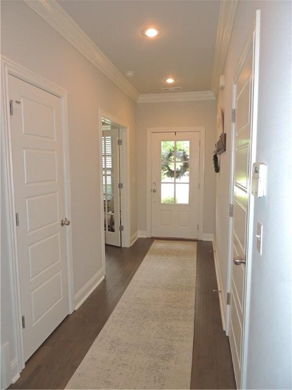 1601 Cavern Springs Way, Cave Springs, AR 72718 - doorway to outside with dark wood-type flooring, baseboards, ornamental molding, and recessed lighting