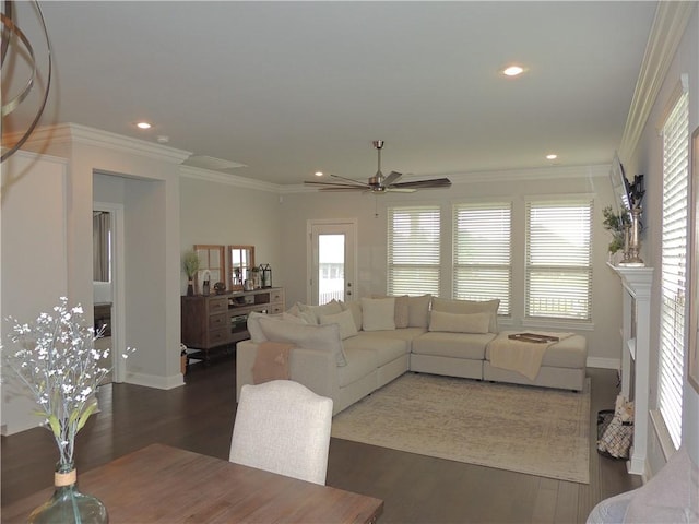 1601 Cavern Springs Way, Cave Springs, AR 72718 - living area featuring wood finished floors, healthy amount of natural light, a ceiling fan, ornamental molding, and baseboards