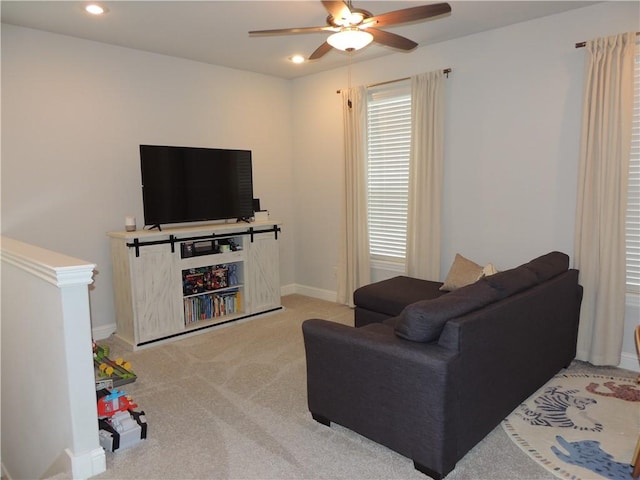 1601 Cavern Springs Way, Cave Springs, AR 72718 - living room with a ceiling fan, light carpet, recessed lighting, and baseboards