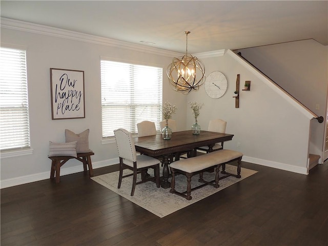 1601 Cavern Springs Way, Cave Springs, AR 72718 - dining room featuring a chandelier, dark wood finished floors, plenty of natural light, crown molding, and baseboards