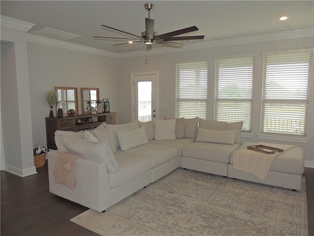 1601 Cavern Springs Way, Cave Springs, AR 72718 - living area with a ceiling fan, crown molding, wood finished floors, baseboards, and recessed lighting