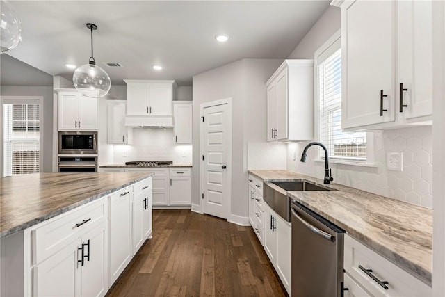 1221 Red Maple St, Centerton, AR 72719 - kitchen with appliances with stainless steel finishes, a sink, under cabinet range hood, white cabinetry, and dark wood finished floors