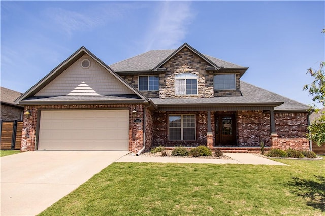 8266 Anna Maria Ave, Springdale, AR 72762 - craftsman house with covered porch, concrete driveway, a front lawn, a garage, and brick siding