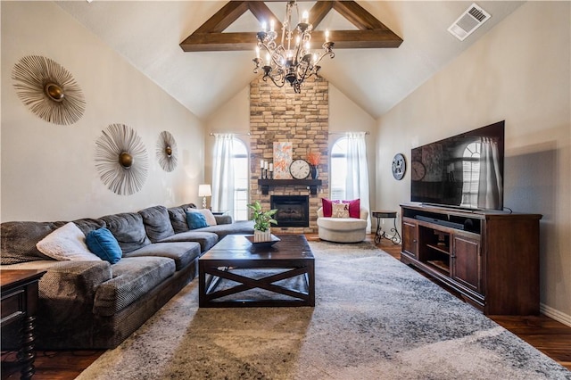8266 Anna Maria Ave, Springdale, AR 72762 - living area with wood finished floors, a chandelier, high vaulted ceiling, a fireplace, and baseboards