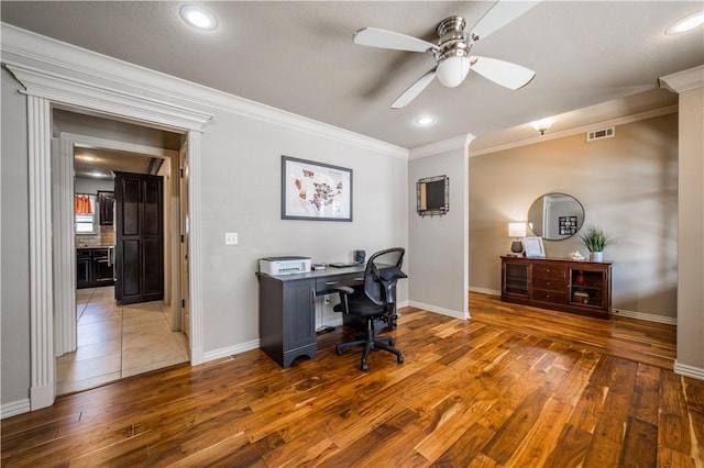 8266 Anna Maria Ave, Springdale, AR 72762 - office with crown molding, hardwood / wood-style floors, ceiling fan, baseboards, and recessed lighting