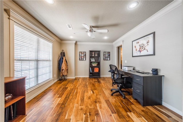 8266 Anna Maria Ave, Springdale, AR 72762 - office area featuring ceiling fan, wood finished floors, plenty of natural light, ornamental molding, and baseboards