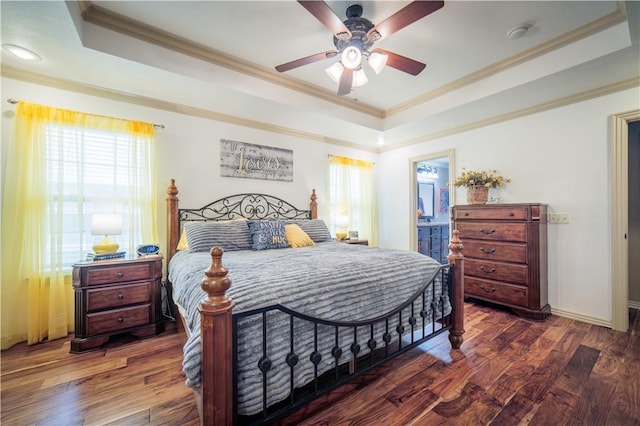 8266 Anna Maria Ave, Springdale, AR 72762 - bedroom featuring a raised ceiling, crown molding, wood finished floors, connected bathroom, and a ceiling fan