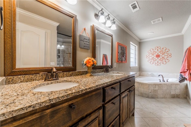 8266 Anna Maria Ave, Springdale, AR 72762 - bathroom with a garden tub, double vanity, tile patterned flooring, and crown molding