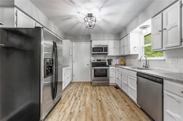 21 Chudleigh Ln, Bella Vista, AR 72714 - kitchen with appliances with stainless steel finishes, a sink, light wood finished floors, decorative backsplash, and white cabinets