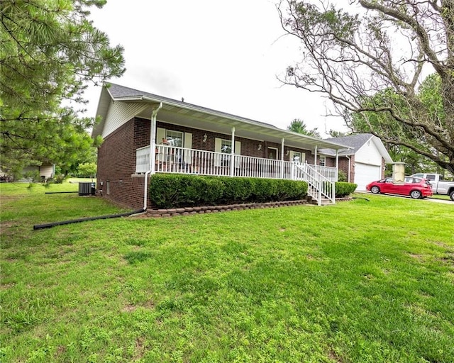 518 W Aster Ave, Farmington, AR 72730 - ranch-style house with covered porch, brick siding, cooling unit, and a front lawn