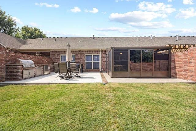 6645 Valley View Rd, Rogers, AR 72758 - rear view of property featuring brick siding, area for grilling, a patio, a lawn, and a shingled roof