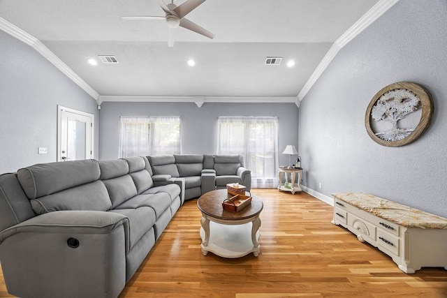 6645 Valley View Rd, Rogers, AR 72758 - living room featuring ceiling fan, light wood-type flooring, crown molding, recessed lighting, and a textured wall