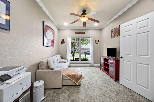 6645 Valley View Rd, Rogers, AR 72758 - living room featuring ornamental molding, carpet floors, a ceiling fan, baseboards, and a textured wall