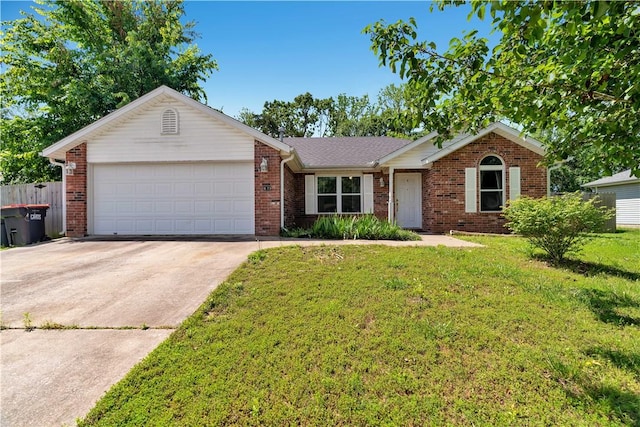 679 Richland Creek Ave, Elkins, AR 72727 - ranch-style house with a garage, brick siding, concrete driveway, and a front yard