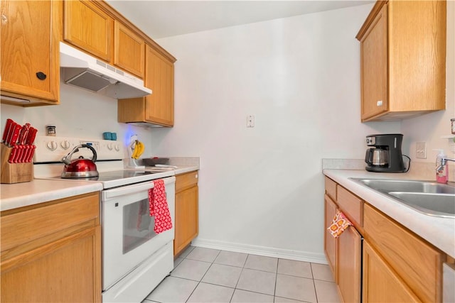 679 Richland Creek Ave, Elkins, AR 72727 - kitchen featuring white electric stove, under cabinet range hood, a sink, and light countertops