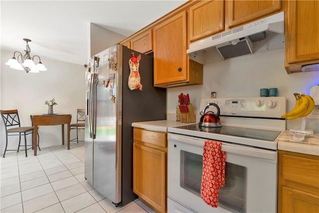 679 Richland Creek Ave, Elkins, AR 72727 - kitchen featuring white electric range, under cabinet range hood, stainless steel refrigerator with ice dispenser, and light countertops