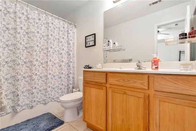 679 Richland Creek Ave, Elkins, AR 72727 - bathroom featuring tile patterned floors, toilet, vanity, curtained shower, and ceiling fan