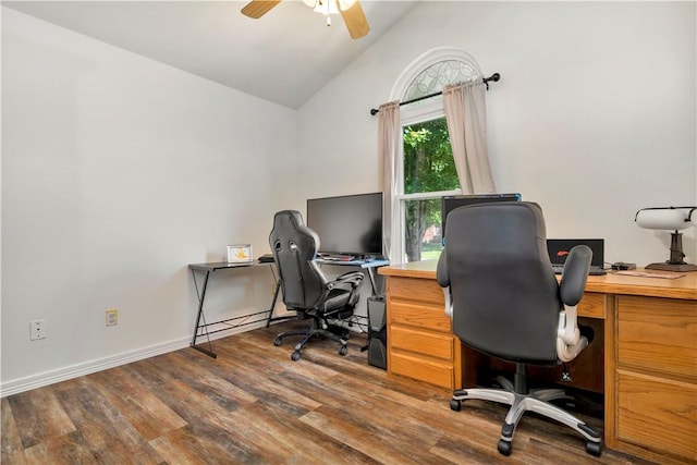 679 Richland Creek Ave, Elkins, AR 72727 - office with lofted ceiling, a ceiling fan, wood finished floors, and baseboards