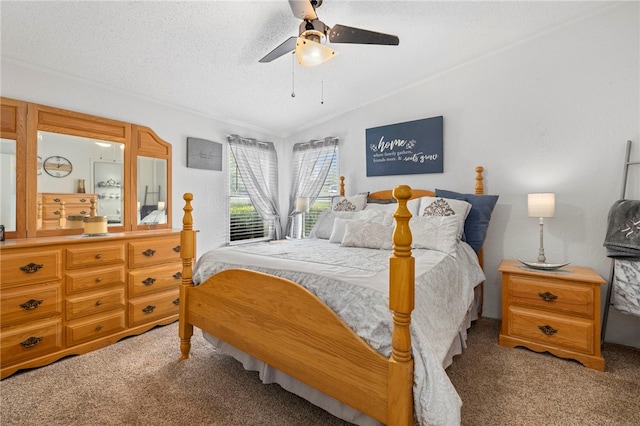 18246 Oakridge Rd, Springdale, AR 72764 - carpeted bedroom with vaulted ceiling, a textured ceiling, ceiling fan, and ornamental molding